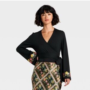 Wild Fable Black Wrap Top with Floral Details